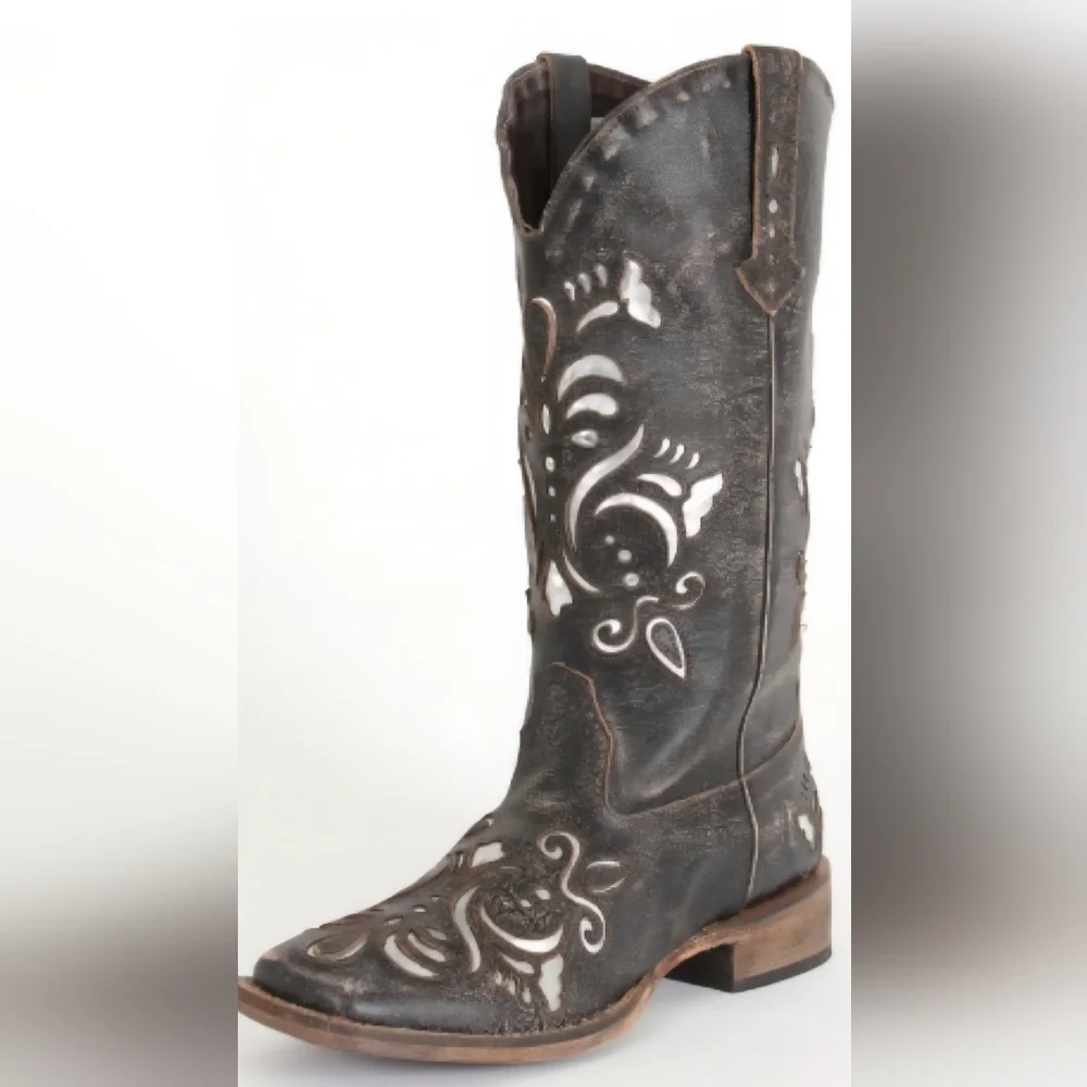 Roper 10.5 Metallic Underlay Boots EUC Tan Silver Cowgirl Like New - Picture 1 of 12